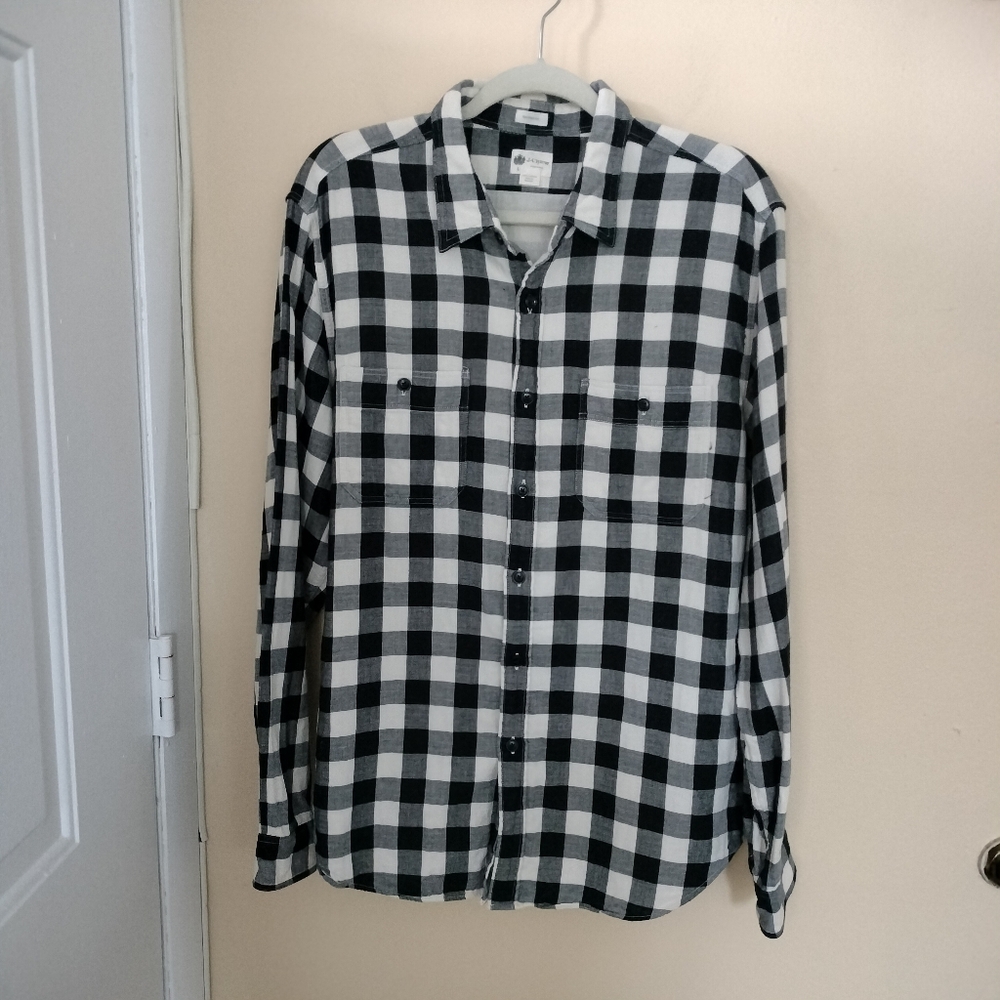 J Crew Tailor Fit Mens Black White Buffalo Check Flannel Cotton Shirt L Preppy